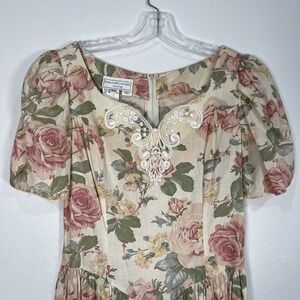Vintage Gunne Sax Jessica McClintock Floral Puff Sleeve Prairie Midi Dress 9/10